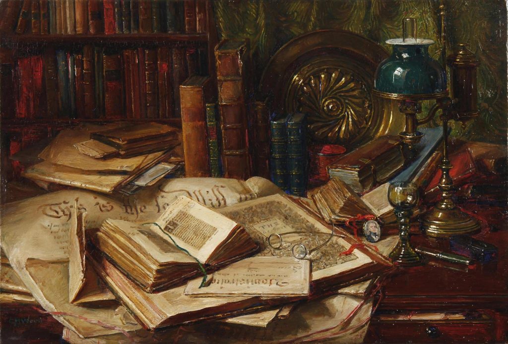 An old oil painting of books scattered on a desk.