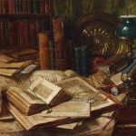 An old oil painting of books scattered on a desk.